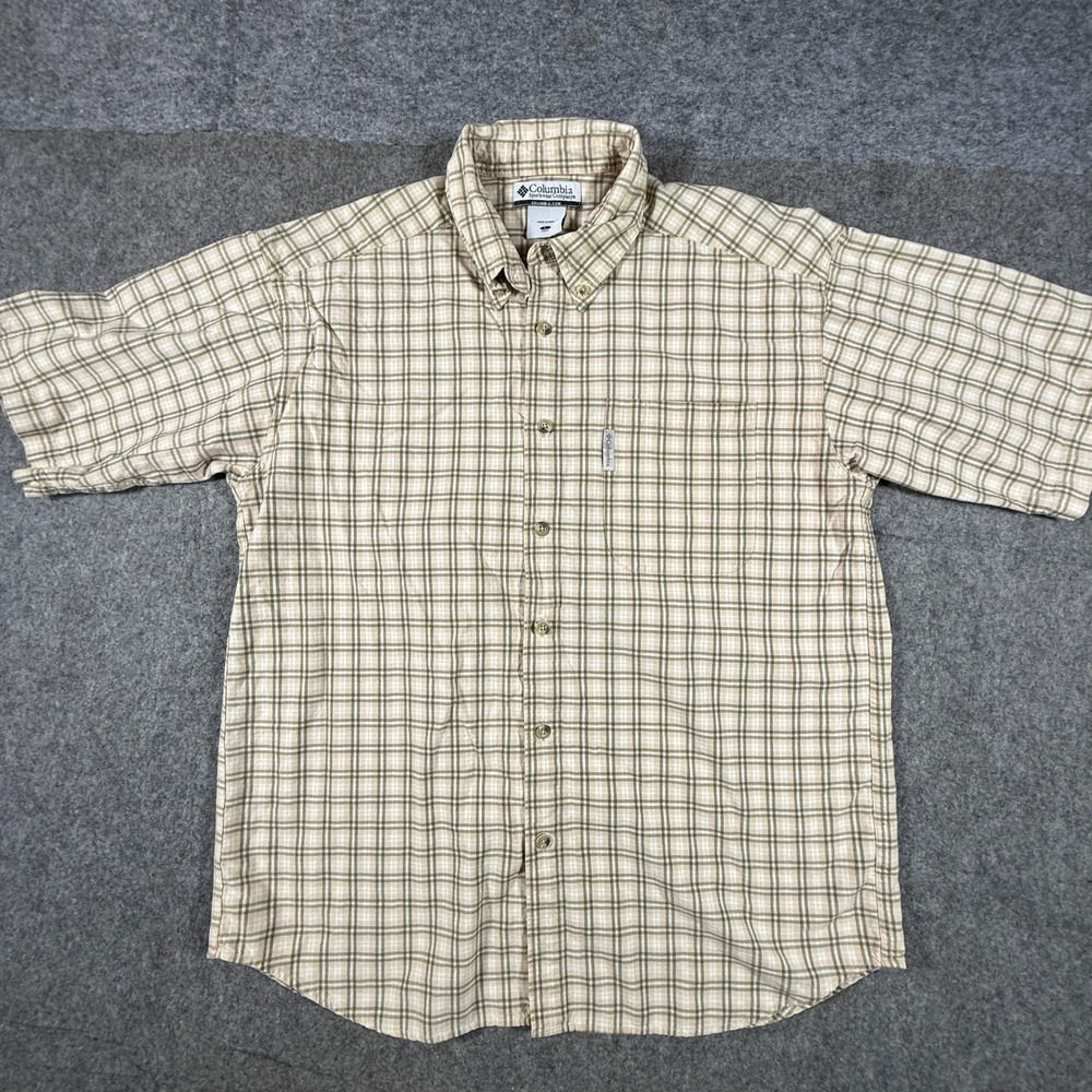 Vintage Columbia Button Down Shirt Men Large Tan Olive Green Plaid Short Sleeve